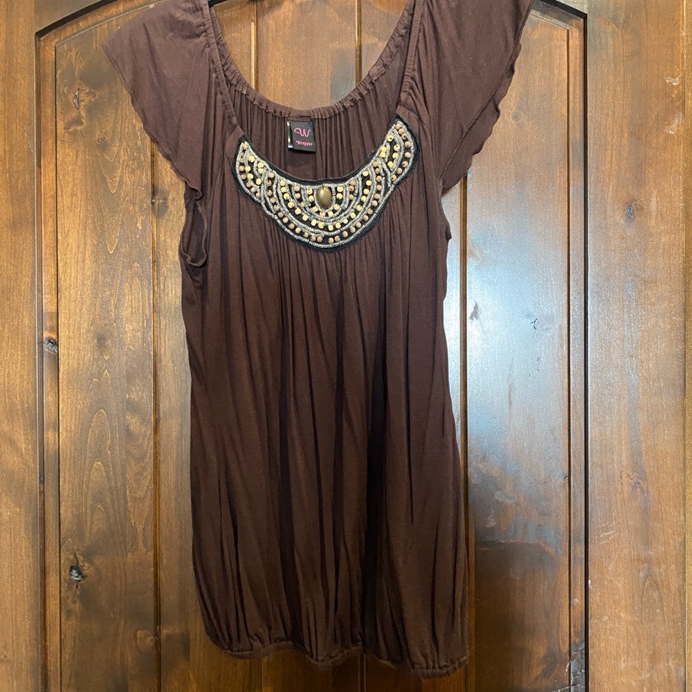 Wrapper Brown Embellished Ruched Blouse